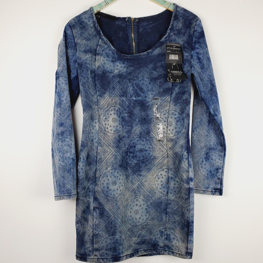 Vtg Thrill Denim Bodycon Mini Paisley Dress Sz L NWT